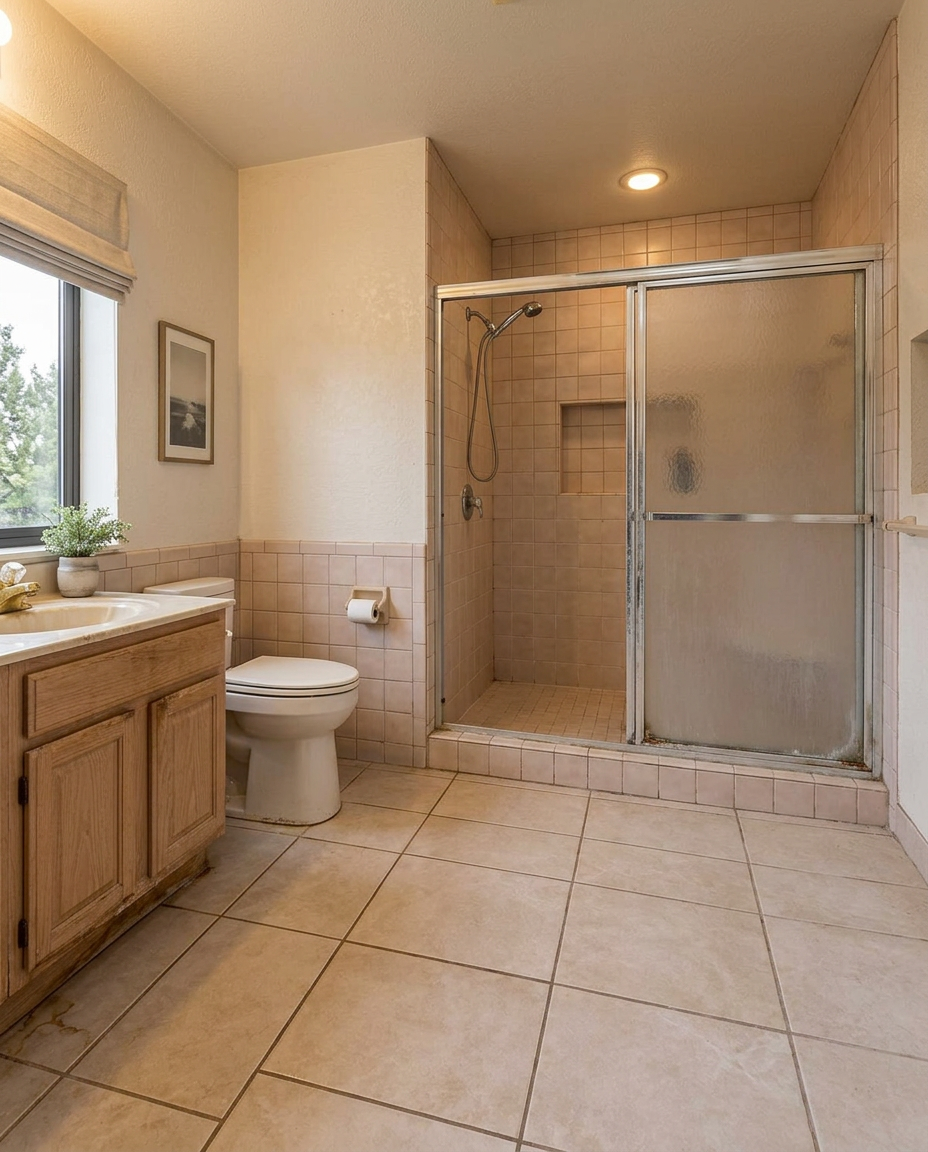Bathroom before renovation — dated tile and raised shower threshold