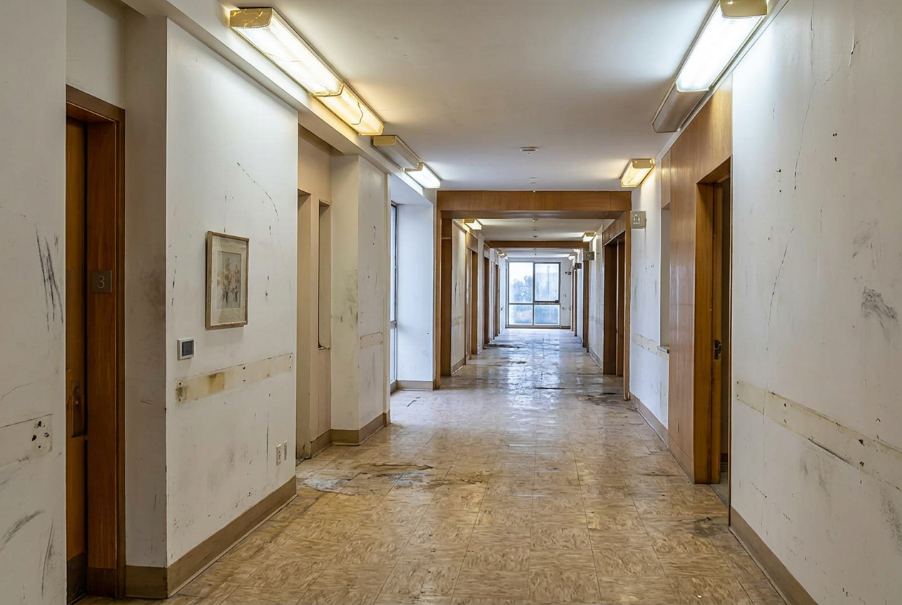 Facility corridor before improvement — worn finishes and older lighting
