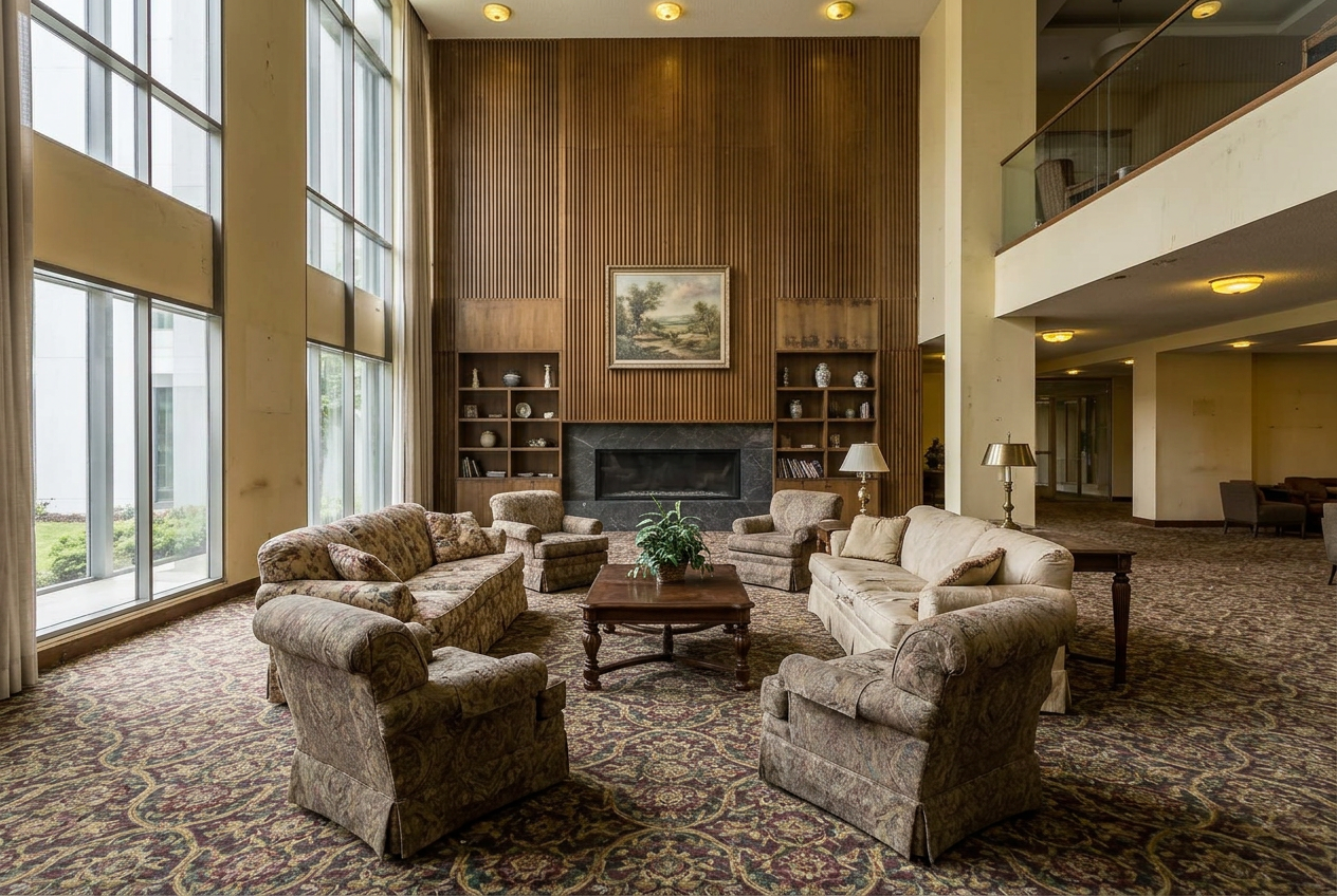 Community lounge before renovation — dated seating and patterned carpet