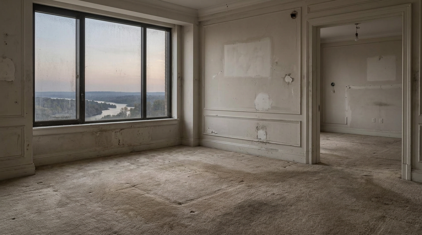Senior living suite before renovation — worn carpet and patch-marked walls